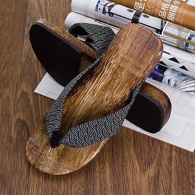 Mens Japanese Geta Clogs Flip Flops Thong Sandals Wooden Slippers Shoes Seigaiha • $52.18