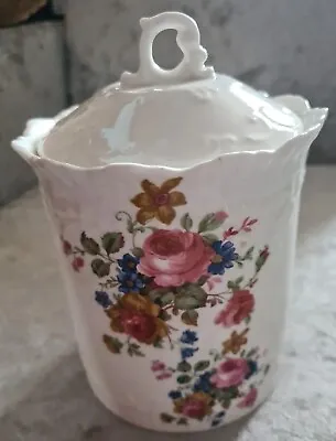 Ceramic China Storage Jar With Lid ~ White With Floral Design • £1.50