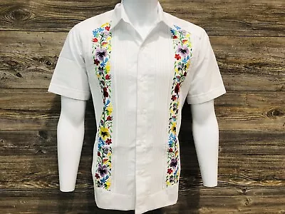 Mens Guayabera Wedding Shirt White Linen Colorful Flower Embroidery Short Sleeve • $65