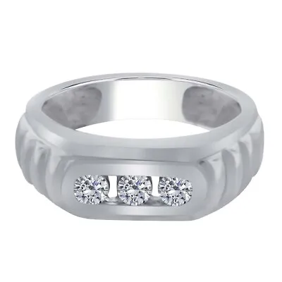 0.51 Ct Round Diamond 10k White Gold Three Stone Wedding Men's Band Ring • $935.99