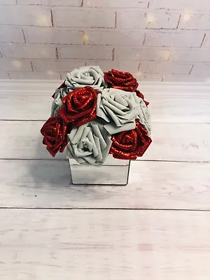 Silver Vase Square Mirrored Finish With Grey And Red Glitter Roses & Diamanté’s  • £40