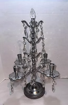 Vtg Pewter Metal Candelabra Candle Holder 24 Teardrop Crystal Prisms Centerpiece • $150