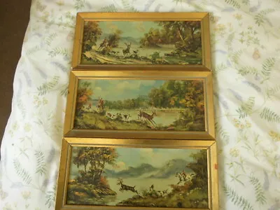 £324.99 • Buy 3 X Wood Framed Vintage Art Oil On Board Paintings Stag Hunt Hunting Hounds