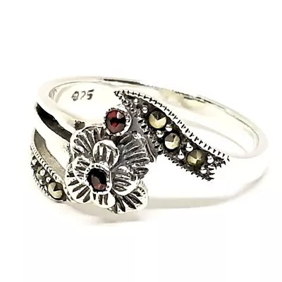 (SIZE 678) FLOWER RING Garnet Stones Marcasite .925 STERLING SILVER • $17.50