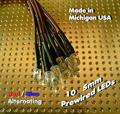 10 RED / BLUE ALTERNATING 5mm Pre Wired LEDs 12 Volt 12v PREWIRED Rc USA • $6.99