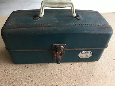 Vintage Union Watertite Blue/Green Metal Fishing Tackle Box Tool Chest • $15