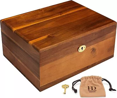 Wooden Storage Box With Hinged Lid And Locking Key - Acacia Keepsake Box • $53.98