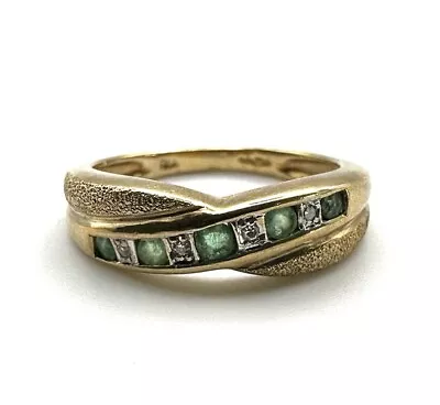 9ct Gold Emerald Diamond Ring 9K Yellow Gold Emerald Diamond Ring May Birthstone • £145