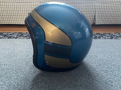 6 1/4 - 6 3/8 Vtg. 70's Motorcycle Helmet KRW 2500 Ocean Blue Gold W/Black Trim • $59