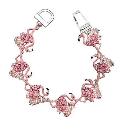 Pink Flamingo Rhinestone Enamel Magnetic Closure Silver Tone Bracelet • $10.50