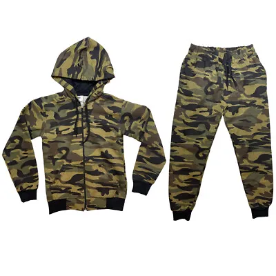 Boys Camouflage Tracksuit Set Hoodie Zip Camo Jogging Bottoms Joggers Cotton • £11.99