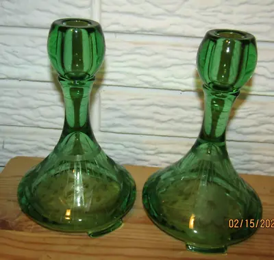 2 Vintage Fostoria Glass Green Uranium Vaseline Candlestick Candle Holder Etched • $29.99