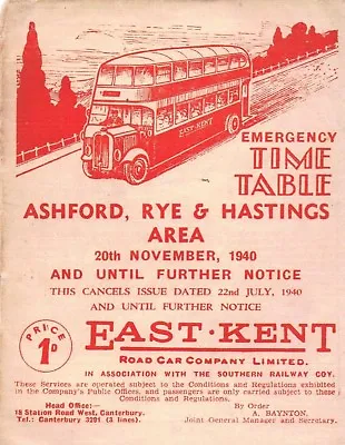 East Kent Ashford Rye Hastings Emergency Timetable 20.11.1940 • £8