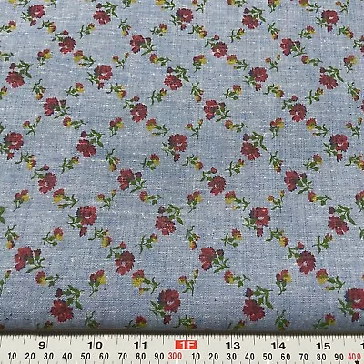 $8 • Buy Vintage Raspberry & Gold Florals On Blue Chambray Fabric By The Half Yard