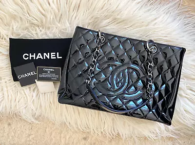 Chanel Black Patent Leather Grand Shopping Tote GST Classic Quilted CC Bag • $1689