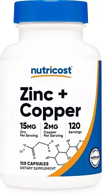 Nutricost Zinc + Copper Capsules (120 Count) - 15mg Zinc + 2mg Copper Per Servin • $11.98