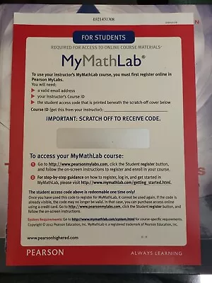 MyMathLab/MyStatLab. Glue-in Access Card. UNUSED Code. Isbn 0321431308 • $24.95