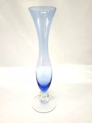 Vintage Fine Pale Blue Glass Bud Vase On Clear Pedestal Base - 19cm Tall • $25