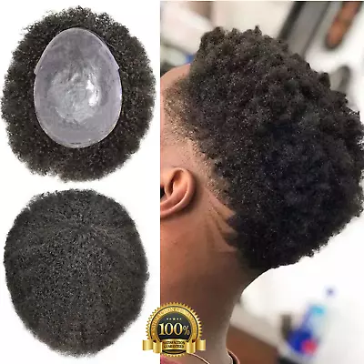 Mens Toupee Afro Curly Full Poly African American Black Real Human Hair Wig PU • $149