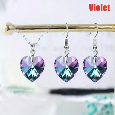 3pcs/set 14mm Violet Heart Crystal Pendant Necklace Earrings Bridal Jewelry Set • $0.01