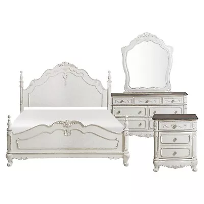 Dreamy Antique White 4 Pc. Queen Bed N/s Dresser Mirror Bedroom Furniture Set • $1899