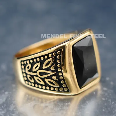 MENDEL Mens Gold Plated Stainless Steel Black Obsidian Stone Ring Men Size 7-15 • $12.99