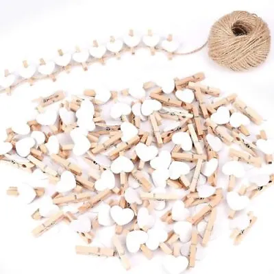 Photo Clips Natural Mini Wooden Heart Pegs DIY Craft With 100 White  • £14.19