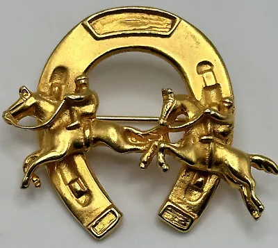 Vintage Gold Tone Horseshoe Pin Brooch Racing Jockeys Run For The Roses Saratoga • $24.86