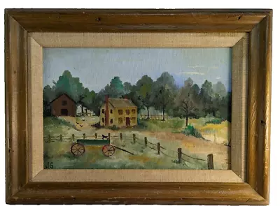 Naïve Primitive Art Working Farm House Barn Wagon Oil On Panel 8.5x11 In Wood Fr • $59.99