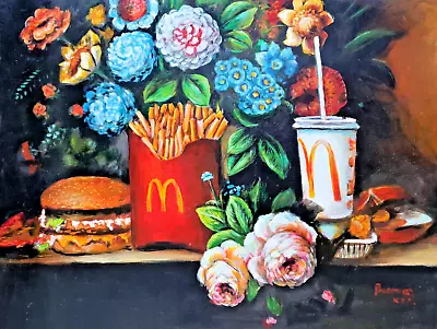 McDonald's & Flower Still Life. Size 20 X24  Oil On Canvas By Palomares Pm146 • $369