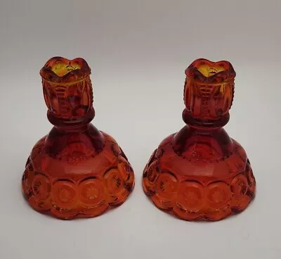 LE Smith Amberina Candle Stick Holders Amberina Moon And Stars Glows Pair 5” • $24.99