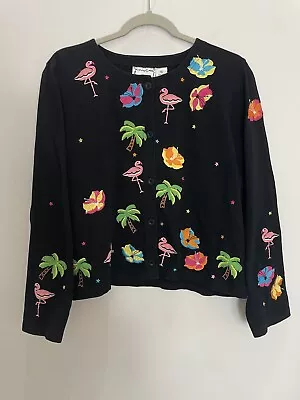 Michael Simon Sweater Flamingo Palm Tropical Embroidered Cardigan Button Size XL • $45