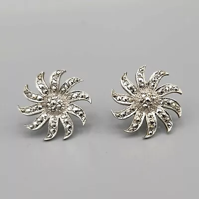 Late Art Deco Sterling Silver Hematite Marcasite Flower Pinwheel Earrings • $22.88