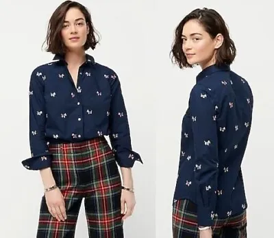 J. Crew Navy Cotton Shirt 00 Dog Days - Embroidered Scotties Tailored Button Up • $12.99