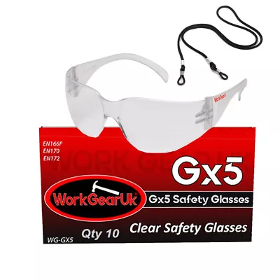 Safety Glasses WorkGearUK Clear WG-GX05NC 10 Pack With 10 Neck Cord • £21.36