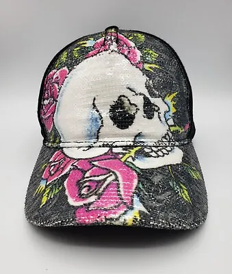 Ed Hardy Trucker Hat Skull Pink Roses Sequin Jewels Black Embellished Cap LA NY • $29.95