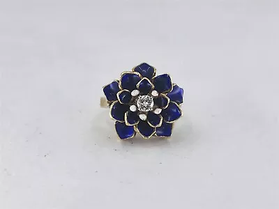 Vintage 14K Yellow Gold Diamond Enamel Blue Flower Ring Sz 3.5 .15 Cttw • $494