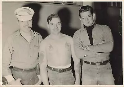 Vintage Photo 3 Navy Men Shirtless Tattoos Gay Int Club? 1940s - 50s RARE Cigar • $350