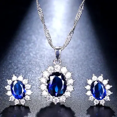 £4.29 • Buy Womens Crystal Jewellery Set Silver Necklace Earrings And Pendant Set Dark Blue