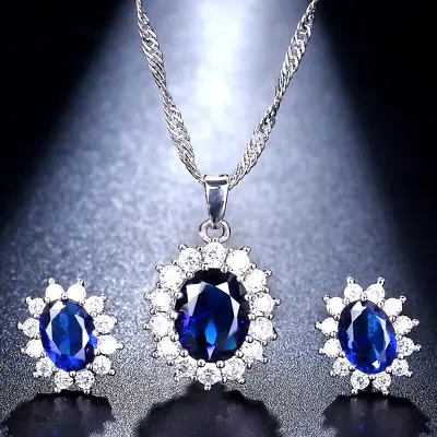 Womens Crystal Jewellery Set Silver Necklace Earrings And Pendant Set Dark Blue • £4.59