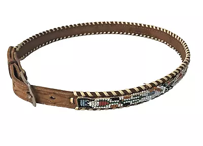 Vintage Beaded Hippie Leather Belt Boho Traditional Tribal Bohemian Size 30 Tan • $15.99