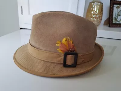 Vintage DOBBS Suede Leather Fedora Tan Feather Cap Hat 7 3/4 Or 24.5 Inch • $28