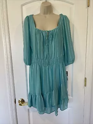 Maison Tara Size 12 Mint Green Waisted Chiffon Dress Tiered 3/4 Sleeve $108 • $76