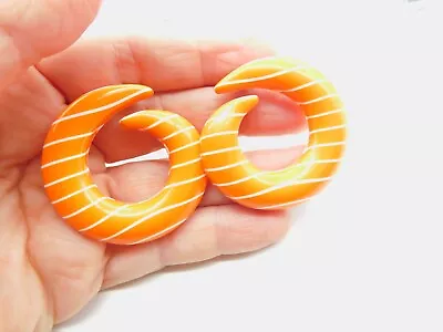 Orange White Striped Plastic Curl Pierced Earrings Vintage • $5.09