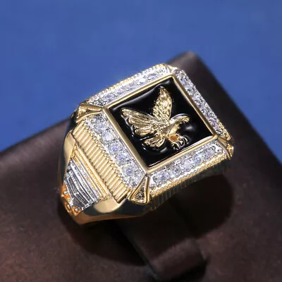 $23.99 • Buy 18K GOLD EP DIAMOND SIMULATED ROUND CUT MENS EAGLE DRESS RING Sz 7-13 You Choose