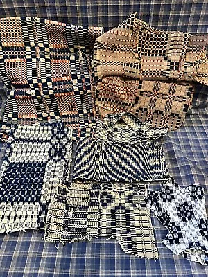 $19.95 • Buy Antique Primitive Woven Coverlet Scraps, Red/Black/Blue, Colonial