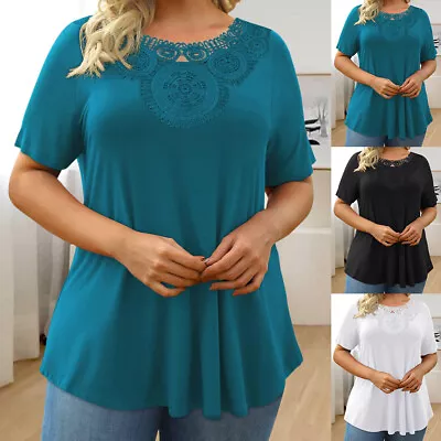 Plus Size Women Lace Short Sleeve T-Shirt Ladies Summer Casual Loose Tunic Tops • £2.99