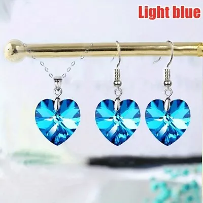 3pc/set Women Sky Blue Heart Crystal Pendant Necklace Earring Bridal Jewelry Set • $0.43