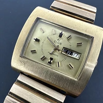 Vintage Elgin Mens Automatic TV Wrist Watch Running 38MM 6 1/2  • $89.95