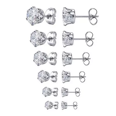 Surgical 316L Stainless Steel Stud Earrings Cubic Zircon Round Men Women 2PC • $6.49